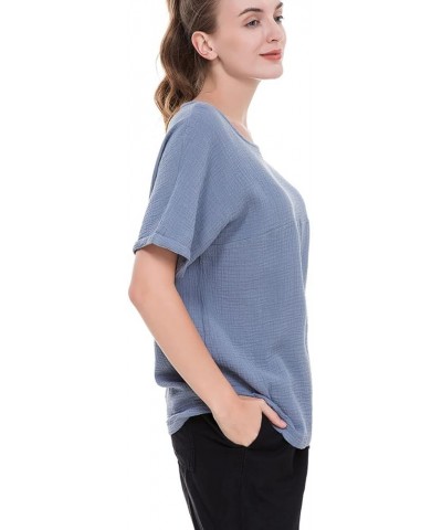 Women's Cotton Linen Round Collar Boxy Top Patchwork Blouses Blue Grey $11.00 Blouses