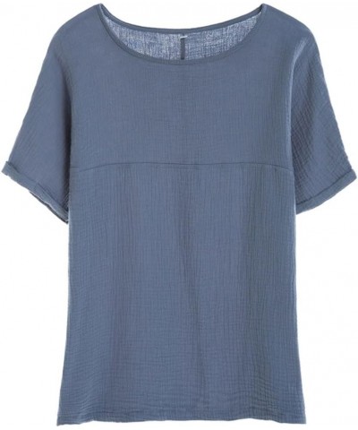 Women's Cotton Linen Round Collar Boxy Top Patchwork Blouses Blue Grey $11.00 Blouses