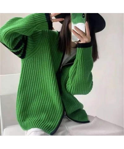 Women Zip Up Long Sleeve Turtleneck Cardigan Sweater Y2k Varsity Jacket Vintage Grunge Aesthetic Harajuku Preppy Clothes Gree...