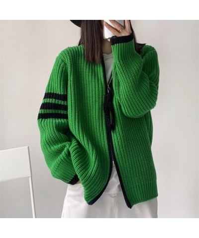 Women Zip Up Long Sleeve Turtleneck Cardigan Sweater Y2k Varsity Jacket Vintage Grunge Aesthetic Harajuku Preppy Clothes Gree...