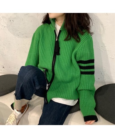 Women Zip Up Long Sleeve Turtleneck Cardigan Sweater Y2k Varsity Jacket Vintage Grunge Aesthetic Harajuku Preppy Clothes Gree...