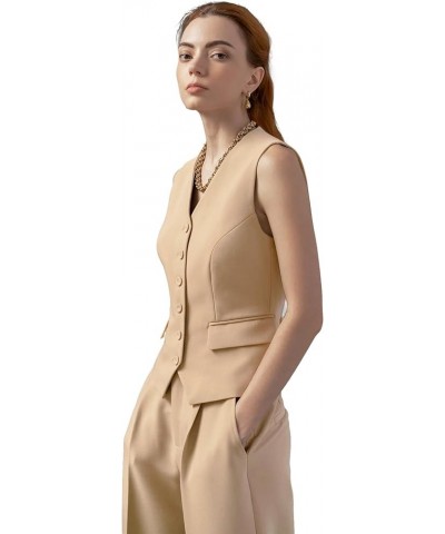 Women Linen Waistcoat Tailored Fitted Tuxedo Suit Vest Beige $16.40 Vests