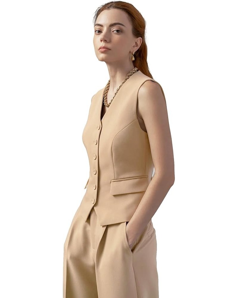 Women Linen Waistcoat Tailored Fitted Tuxedo Suit Vest Beige $16.40 Vests