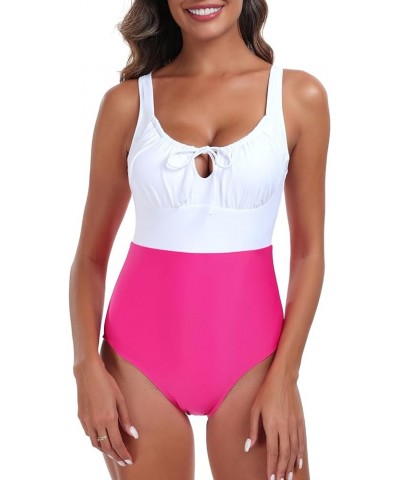 Women's Square Neckline Bathing Suit Adjustable Keyhole One Piece Swimsuit for Women White+hot Pink $13.12 Swimsuits