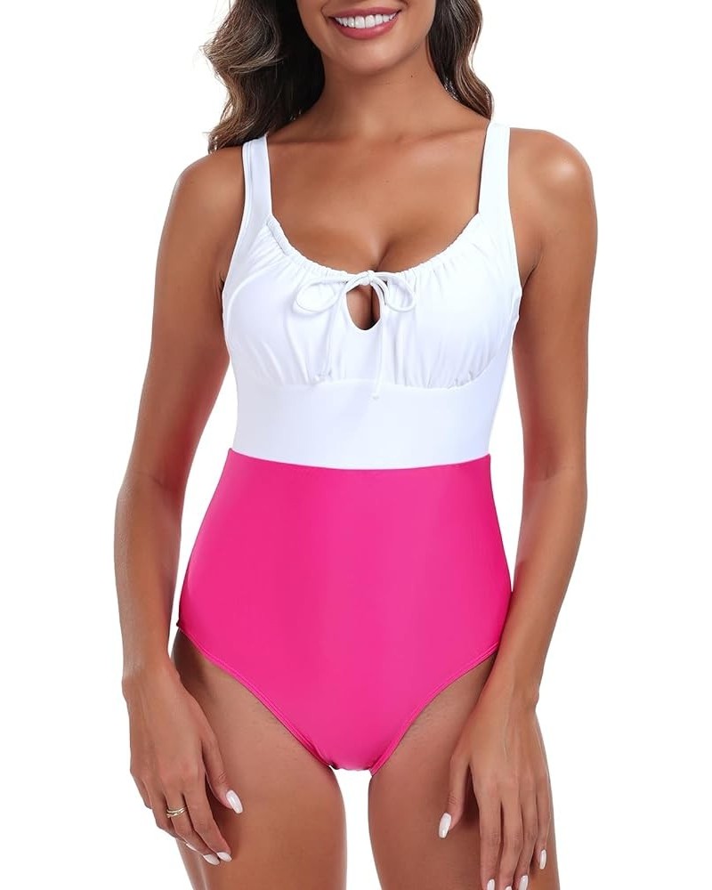 Women's Square Neckline Bathing Suit Adjustable Keyhole One Piece Swimsuit for Women White+hot Pink $13.12 Swimsuits