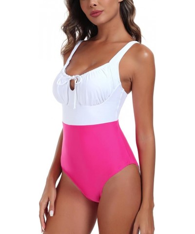 Women's Square Neckline Bathing Suit Adjustable Keyhole One Piece Swimsuit for Women White+hot Pink $13.12 Swimsuits