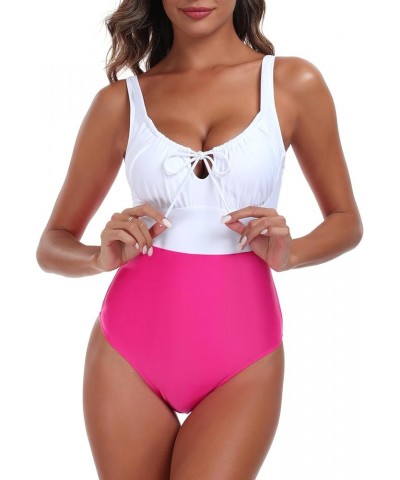 Women's Square Neckline Bathing Suit Adjustable Keyhole One Piece Swimsuit for Women White+hot Pink $13.12 Swimsuits