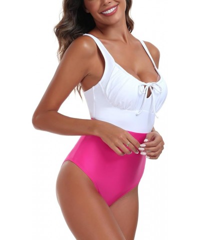 Women's Square Neckline Bathing Suit Adjustable Keyhole One Piece Swimsuit for Women White+hot Pink $13.12 Swimsuits