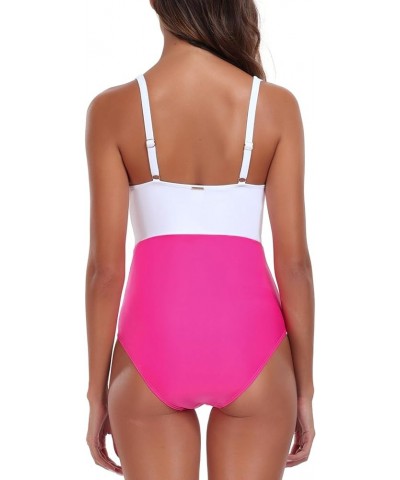 Women's Square Neckline Bathing Suit Adjustable Keyhole One Piece Swimsuit for Women White+hot Pink $13.12 Swimsuits