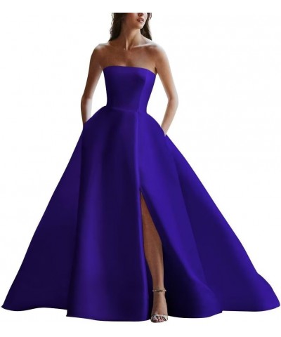 Strapless Satin Wedding Dresses for Bride Sleeveless Bridal Dresses Mermaid Prom Ball Gown for Women with Slit Royal Blue $45...