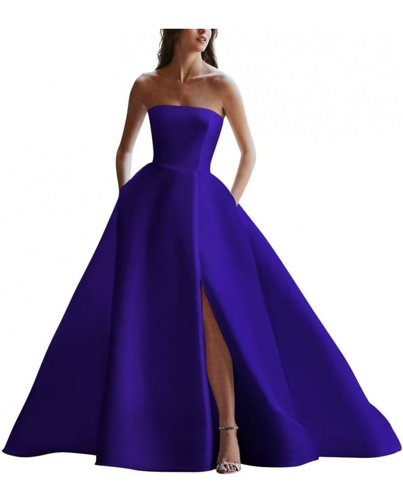 Strapless Satin Wedding Dresses for Bride Sleeveless Bridal Dresses Mermaid Prom Ball Gown for Women with Slit Royal Blue $45...