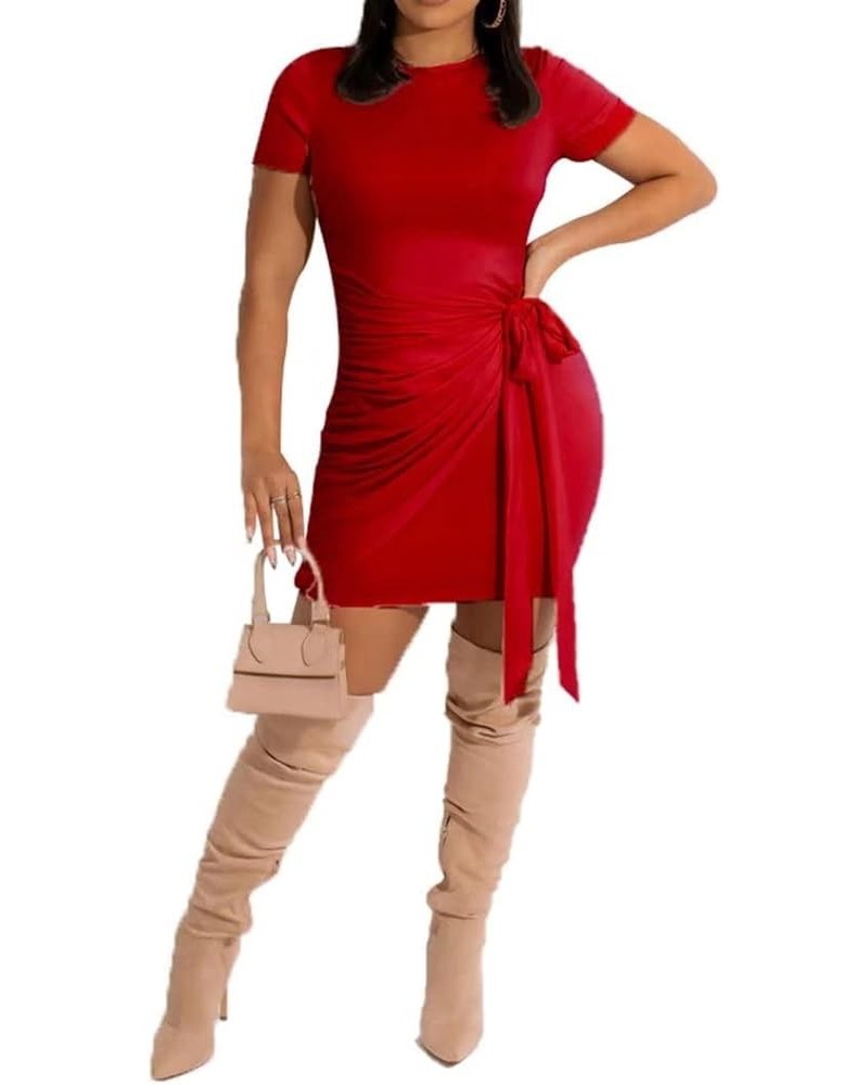 Women Short Sleeve Bodycon Dress Solid Color Ruched Tie Up Wrap T Shirt Mini Short Dress Red $18.35 Dresses