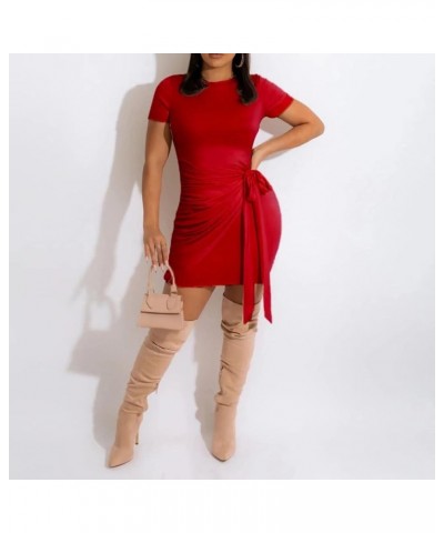 Women Short Sleeve Bodycon Dress Solid Color Ruched Tie Up Wrap T Shirt Mini Short Dress Red $18.35 Dresses