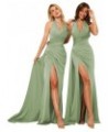 Women's Halter Mermaid Prom Dresses Long with Slit Ruched Satin Formal Evening Gown with Train Dusty Sage $48.44 Dresses