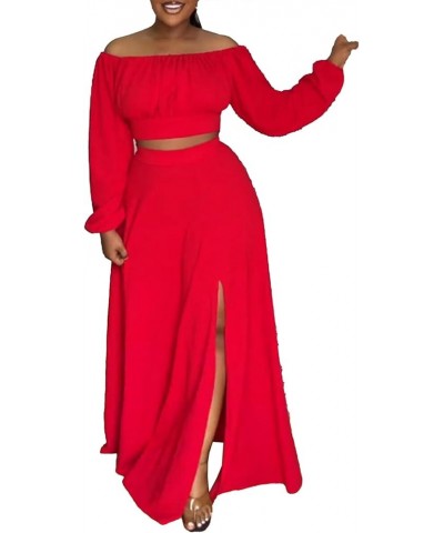 Sexy 2 Piece Skirt Outfits for Women Maxi Split Flowy Skirts Set Off Shoulder Long Sleeve Crop Top Red $19.20 Suits