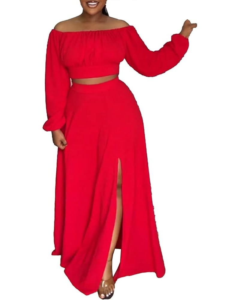 Sexy 2 Piece Skirt Outfits for Women Maxi Split Flowy Skirts Set Off Shoulder Long Sleeve Crop Top Red $19.20 Suits