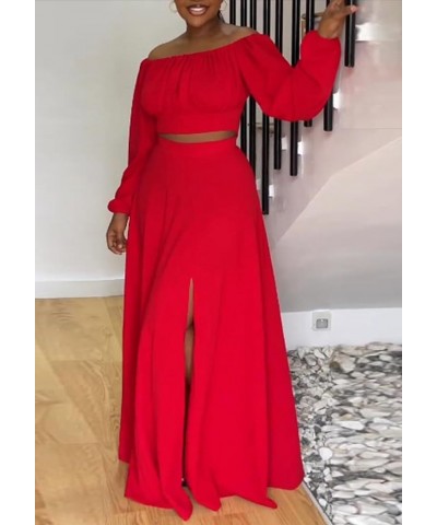 Sexy 2 Piece Skirt Outfits for Women Maxi Split Flowy Skirts Set Off Shoulder Long Sleeve Crop Top Red $19.20 Suits