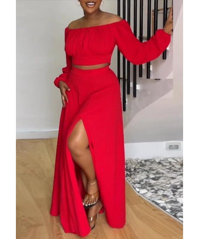 Sexy 2 Piece Skirt Outfits for Women Maxi Split Flowy Skirts Set Off Shoulder Long Sleeve Crop Top Red $19.20 Suits