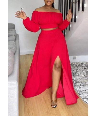 Sexy 2 Piece Skirt Outfits for Women Maxi Split Flowy Skirts Set Off Shoulder Long Sleeve Crop Top Red $19.20 Suits