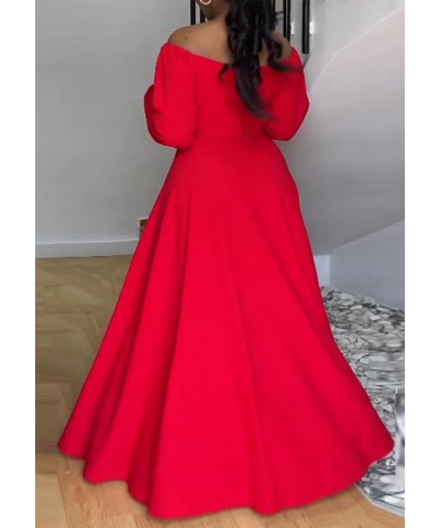 Sexy 2 Piece Skirt Outfits for Women Maxi Split Flowy Skirts Set Off Shoulder Long Sleeve Crop Top Red $19.20 Suits