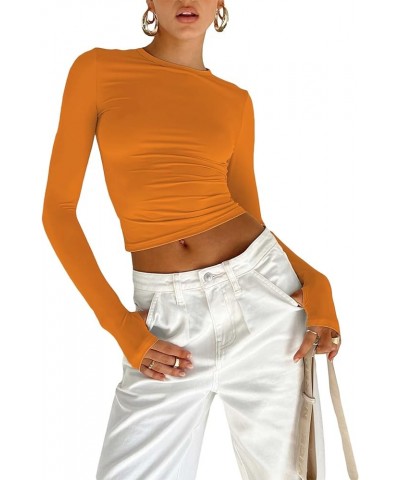 Womens Long Sleeve Shirt Tops Slim Fit Solid Color Basic Tee Tops Trendy Fall Skinny T-Shirt Crop Tops Orange $7.79 T-Shirts