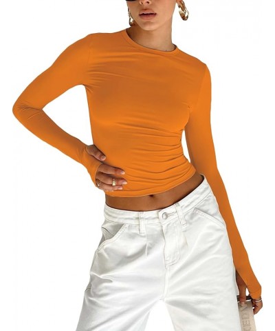 Womens Long Sleeve Shirt Tops Slim Fit Solid Color Basic Tee Tops Trendy Fall Skinny T-Shirt Crop Tops Orange $7.79 T-Shirts