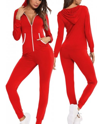 Womens Pajamas Jumpsuits Zip-up Hoodie Union Jumpsuit Romper Long Sleeve Sexy Onesie Bodysuits One Piece Sleepwear Light Red ...