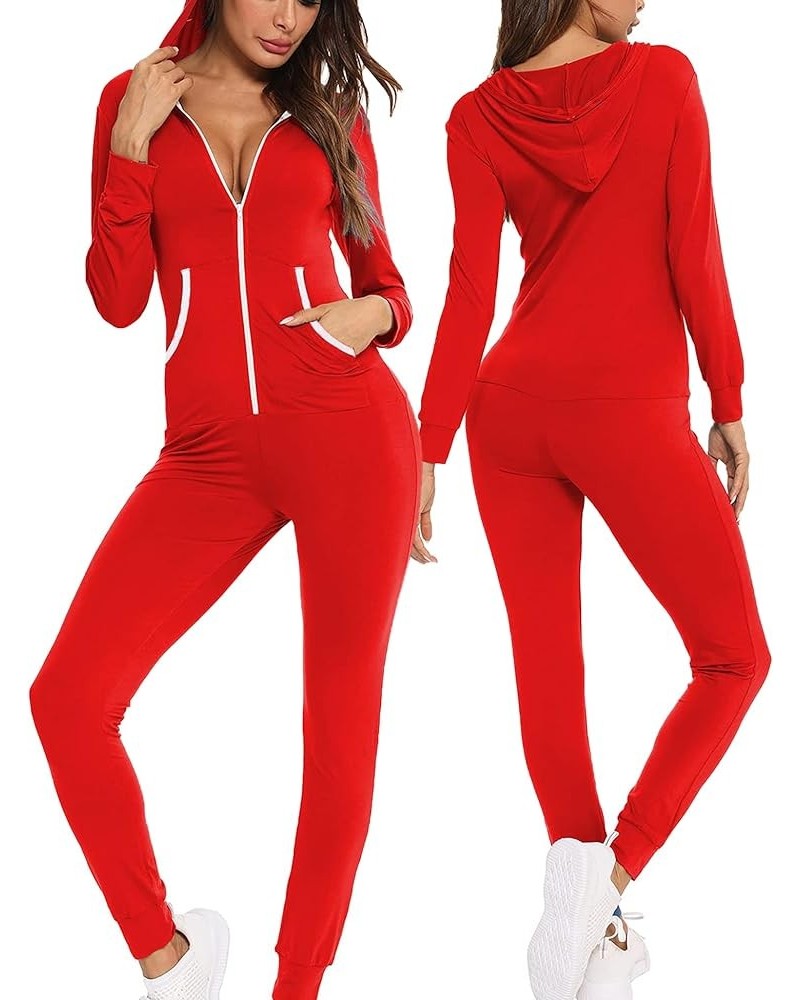 Womens Pajamas Jumpsuits Zip-up Hoodie Union Jumpsuit Romper Long Sleeve Sexy Onesie Bodysuits One Piece Sleepwear Light Red ...