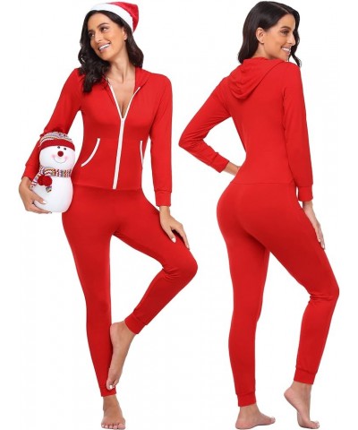 Womens Pajamas Jumpsuits Zip-up Hoodie Union Jumpsuit Romper Long Sleeve Sexy Onesie Bodysuits One Piece Sleepwear Light Red ...