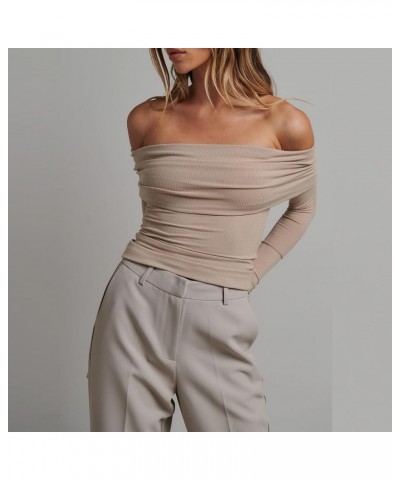 Y2k Skinny Off Shoulder Long Sleeve Shirts for Women Sexy Going Out Slim Crop Top Solid Streetwear Tees 05-ribbed Khaki $7.66...