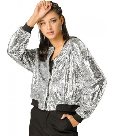 Women's Sequin Jacket Valentine's Day Long Sleeve Zipper Fahion 2023 Shiny Glitter Sparkly Bomber Jackets Silver $24.74 Jackets