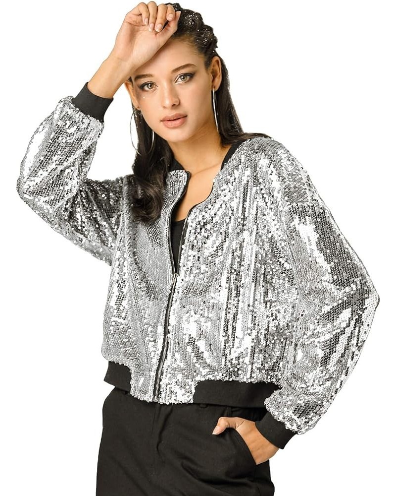 Women's Sequin Jacket Valentine's Day Long Sleeve Zipper Fahion 2023 Shiny Glitter Sparkly Bomber Jackets Silver $24.74 Jackets