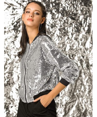 Women's Sequin Jacket Valentine's Day Long Sleeve Zipper Fahion 2023 Shiny Glitter Sparkly Bomber Jackets Silver $24.74 Jackets