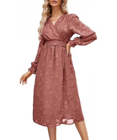 Women's 2023 Fall Floral Wedding Guest Dresses for Women Long Sleeve Belted A-Line Flowy Midi Dresses Red $15.91 Dresses