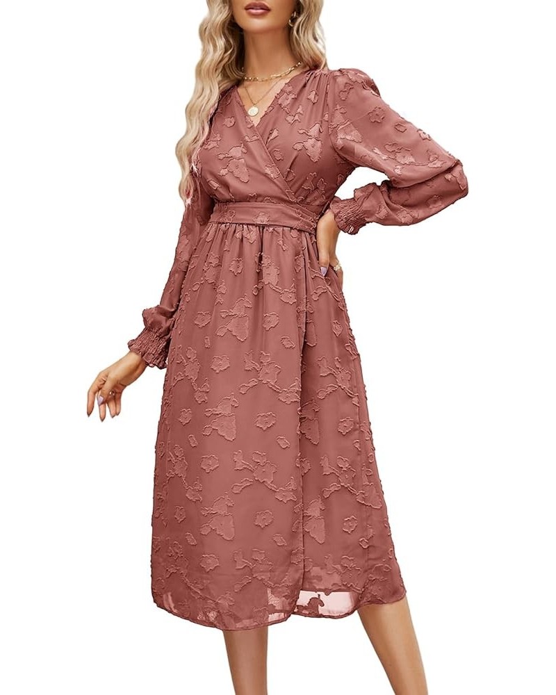 Women's 2023 Fall Floral Wedding Guest Dresses for Women Long Sleeve Belted A-Line Flowy Midi Dresses Red $15.91 Dresses