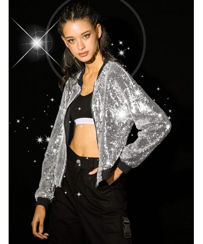 Women's Sequin Jacket Valentine's Day Long Sleeve Zipper Fahion 2023 Shiny Glitter Sparkly Bomber Jackets Silver $24.74 Jackets