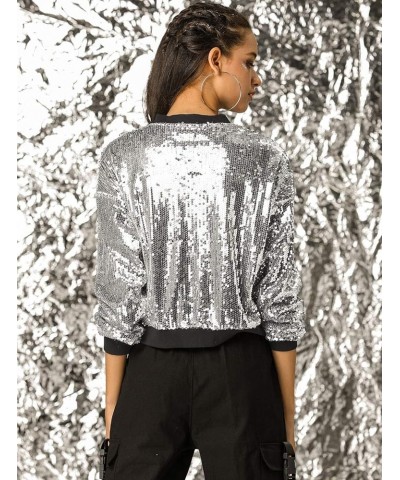 Women's Sequin Jacket Valentine's Day Long Sleeve Zipper Fahion 2023 Shiny Glitter Sparkly Bomber Jackets Silver $24.74 Jackets