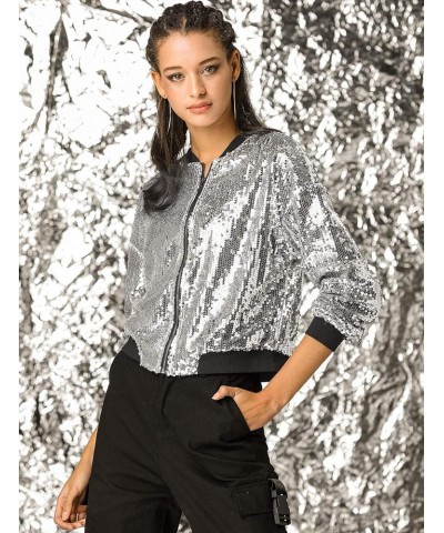 Women's Sequin Jacket Valentine's Day Long Sleeve Zipper Fahion 2023 Shiny Glitter Sparkly Bomber Jackets Silver $24.74 Jackets