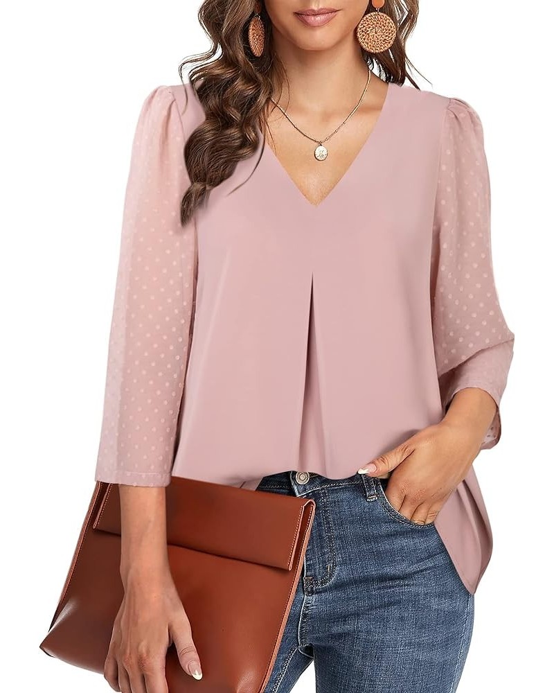 Women's 3/4 Sleeve Work Blouses Casual V Neck Chiffon Shirts Top Dark Pink $10.59 Blouses