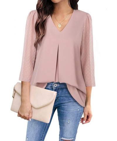 Women's 3/4 Sleeve Work Blouses Casual V Neck Chiffon Shirts Top Dark Pink $10.59 Blouses