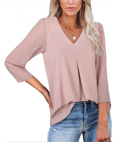 Women's 3/4 Sleeve Work Blouses Casual V Neck Chiffon Shirts Top Dark Pink $10.59 Blouses