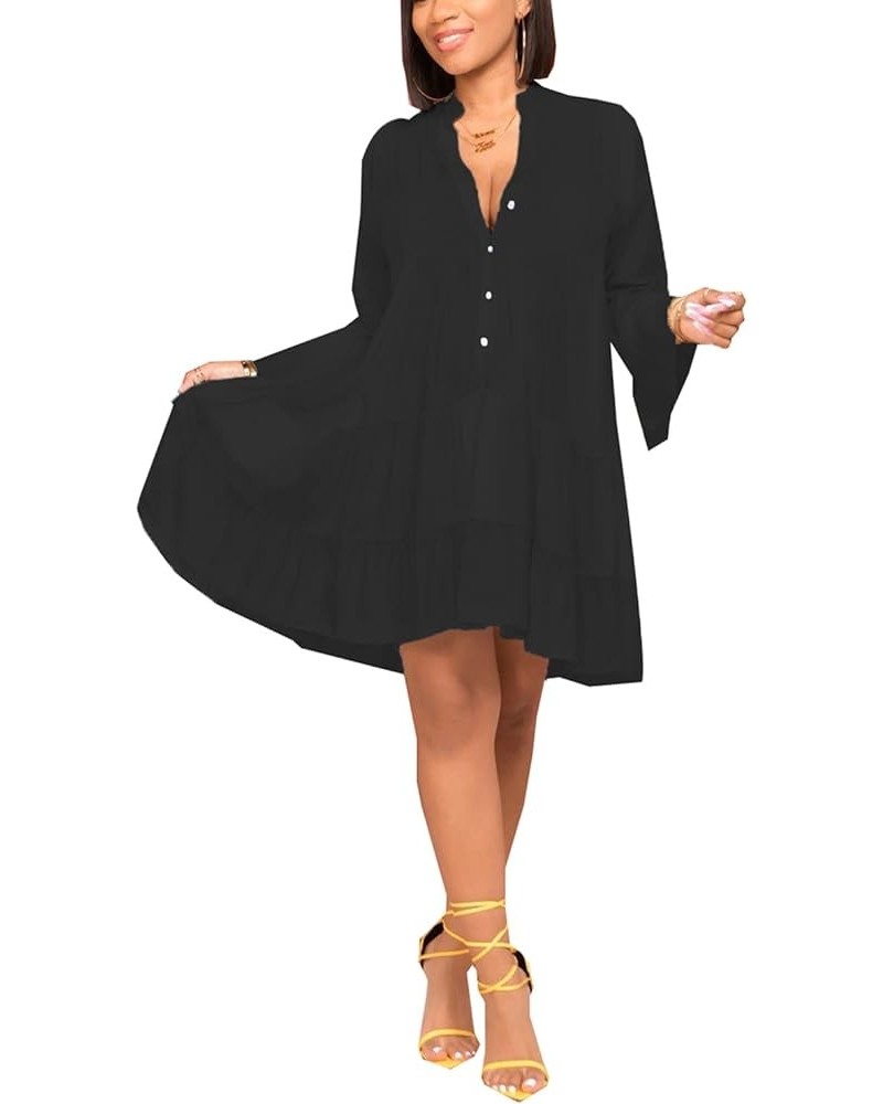 Women's Casual V Neck Dress Long Sleeve Flowy Babydoll Swing Ruffle Dress 266black $14.80 Dresses