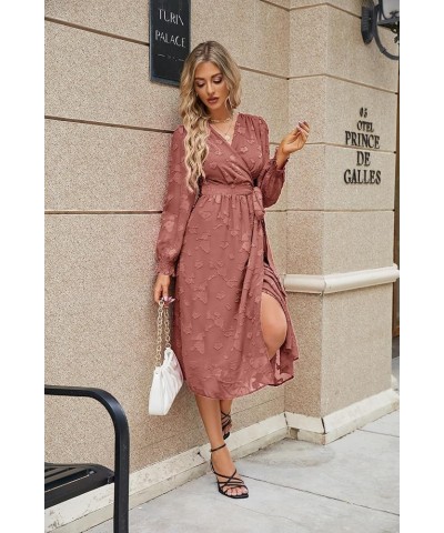 Women's 2023 Fall Floral Wedding Guest Dresses for Women Long Sleeve Belted A-Line Flowy Midi Dresses Red $15.91 Dresses