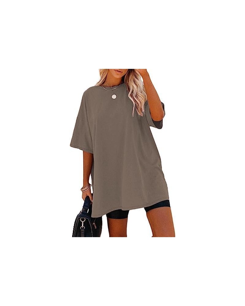 Women's Casual Solid Crewneck Short Sleeve Oversized T Shirt Drop Shoulder Tops L-coffee Brown $12.82 Tops