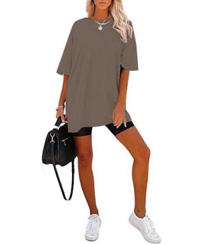 Women's Casual Solid Crewneck Short Sleeve Oversized T Shirt Drop Shoulder Tops L-coffee Brown $12.82 Tops