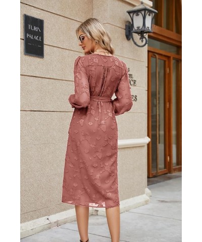 Women's 2023 Fall Floral Wedding Guest Dresses for Women Long Sleeve Belted A-Line Flowy Midi Dresses Red $15.91 Dresses