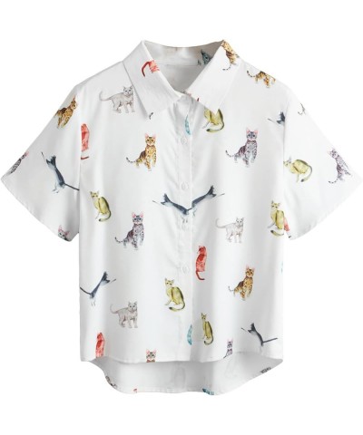 Women's Figure Print Button Down Shirt Graphic Pattern Short Sleeve Crop Tops Casual Blouses White Cat $11.79 Blouses