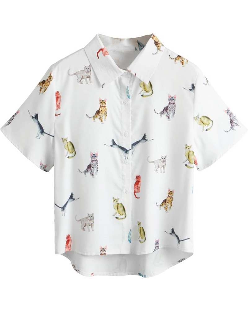 Women's Figure Print Button Down Shirt Graphic Pattern Short Sleeve Crop Tops Casual Blouses White Cat $11.79 Blouses