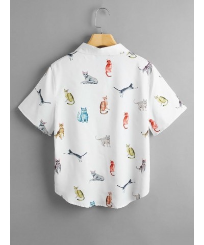 Women's Figure Print Button Down Shirt Graphic Pattern Short Sleeve Crop Tops Casual Blouses White Cat $11.79 Blouses