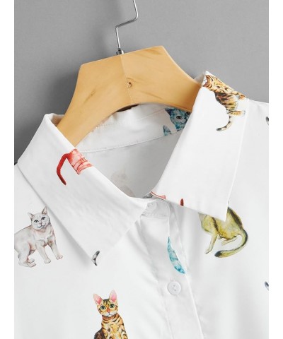 Women's Figure Print Button Down Shirt Graphic Pattern Short Sleeve Crop Tops Casual Blouses White Cat $11.79 Blouses